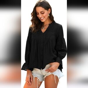 Womens Black Tuxedo Eyelet Long Puff Sleeve Hi-Low Button Up Tunic Blouse M